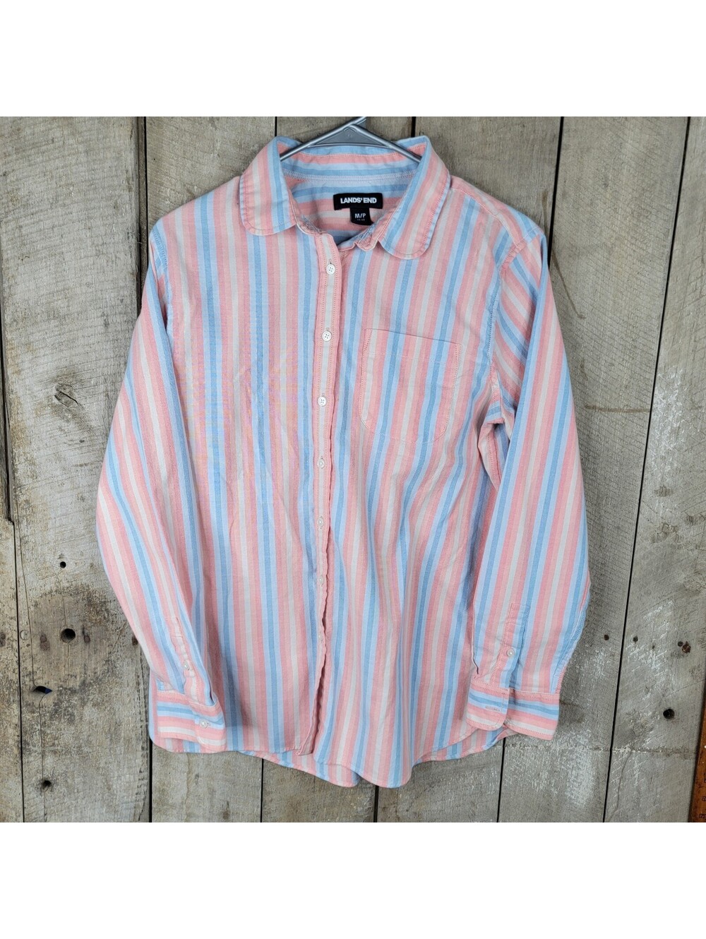 Lands End Striped Button Front Blouse Shirt Sz M Cotton Blend Trans Gay Interest